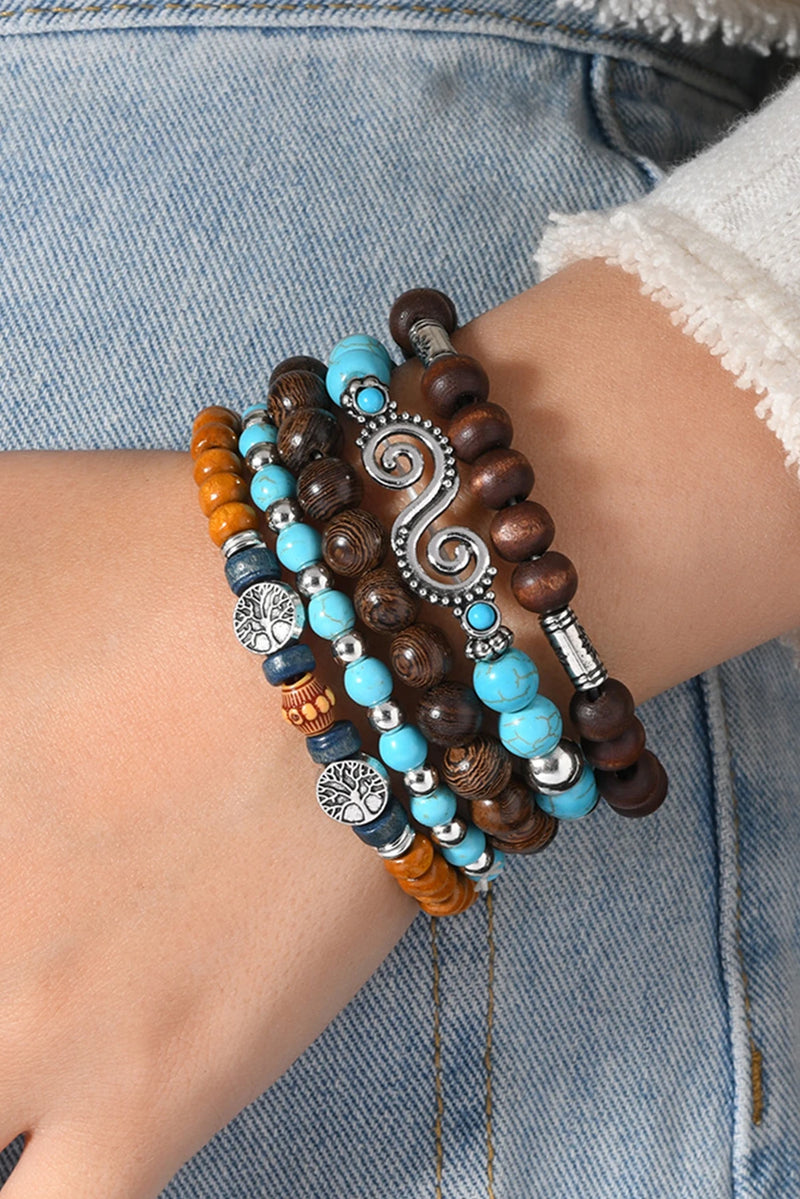 Load image into Gallery viewer, DLLBC 16 - Cinnamon Boho 5pcs Turquoise Wood Beaded Elastic Bracelet Set
