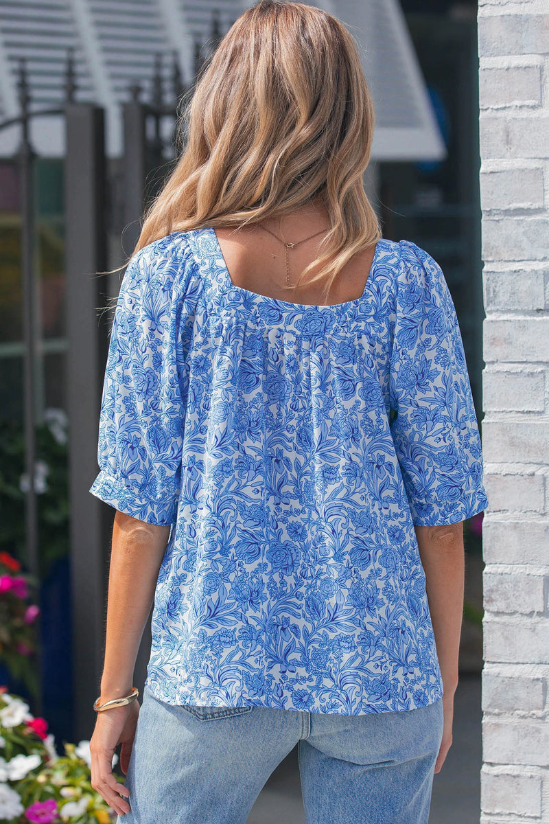 Load image into Gallery viewer, DLLS936 - Ladies Sky Blue Square Neck Short Puff Sleeve Pleated Floral Blouse
