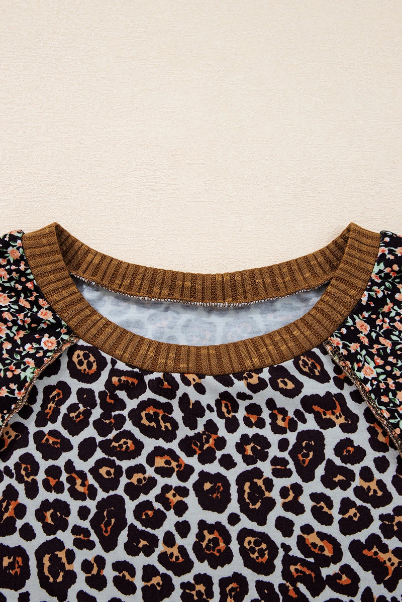 Load image into Gallery viewer, DLLS195 - Ladies Brown Leopard Floral Print Ribbed Puff Sleeve Patchwork Loose Pullover
