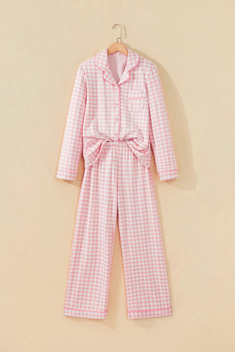 Load image into Gallery viewer, DLLS1111 - Ladies Pink Gingham Long Sleeve Lapel Shirt 2pcs Pajama Pant Set
