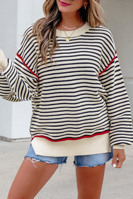 DLLS1082 - Ladies Black Stripe Ribbed Trim Drop Shoulder Oversized Sweater