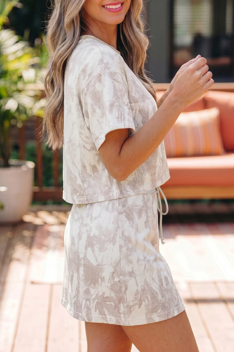 Load image into Gallery viewer, DLLS708 - Ladies Gray Woodland Camo Print Raw Edge Cropped Top Skirt Set
