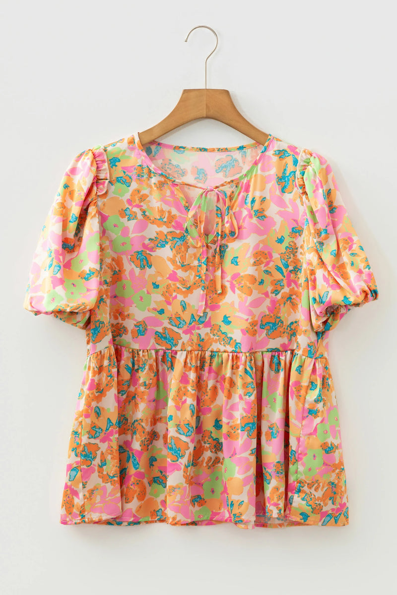 Load image into Gallery viewer, DLLS365 - Ladies Orange Split V Neck Short Sleeve Flower Blouse
