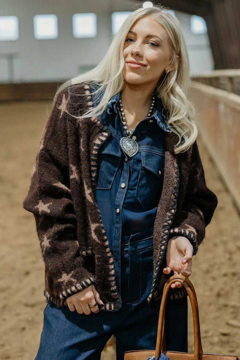 Load image into Gallery viewer, DLLS724 - Ladies Brown Stars Pattern Colorblock Long Sleeve Shift Cardigan
