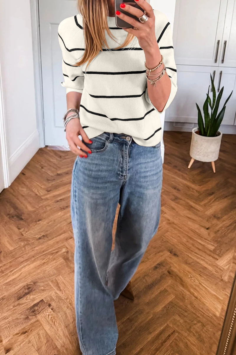 Load image into Gallery viewer, DLLS945 - Ladies White Stripe Ribbed Knit Half Sleeve Loose Sweater Tee
