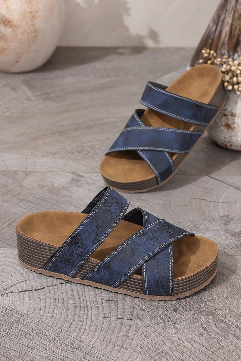 Load image into Gallery viewer, DLLSHOE 132 - Sail Blue Contrast Stitch Crossed Band Retro Platform Slippers
