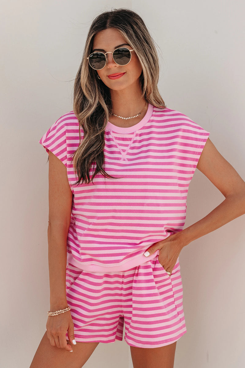 Load image into Gallery viewer, DLLS619 - Ladies Pink Stripe Cap Sleeve Tee Elastic Waist Shorts 2pcs Outfit
