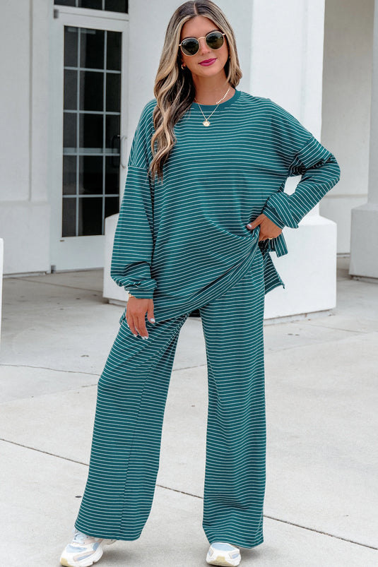 DLLS1085 - Ladies Green Stripe Long Sleeve Top Elastic Waist Pants Casual 2pcs Set