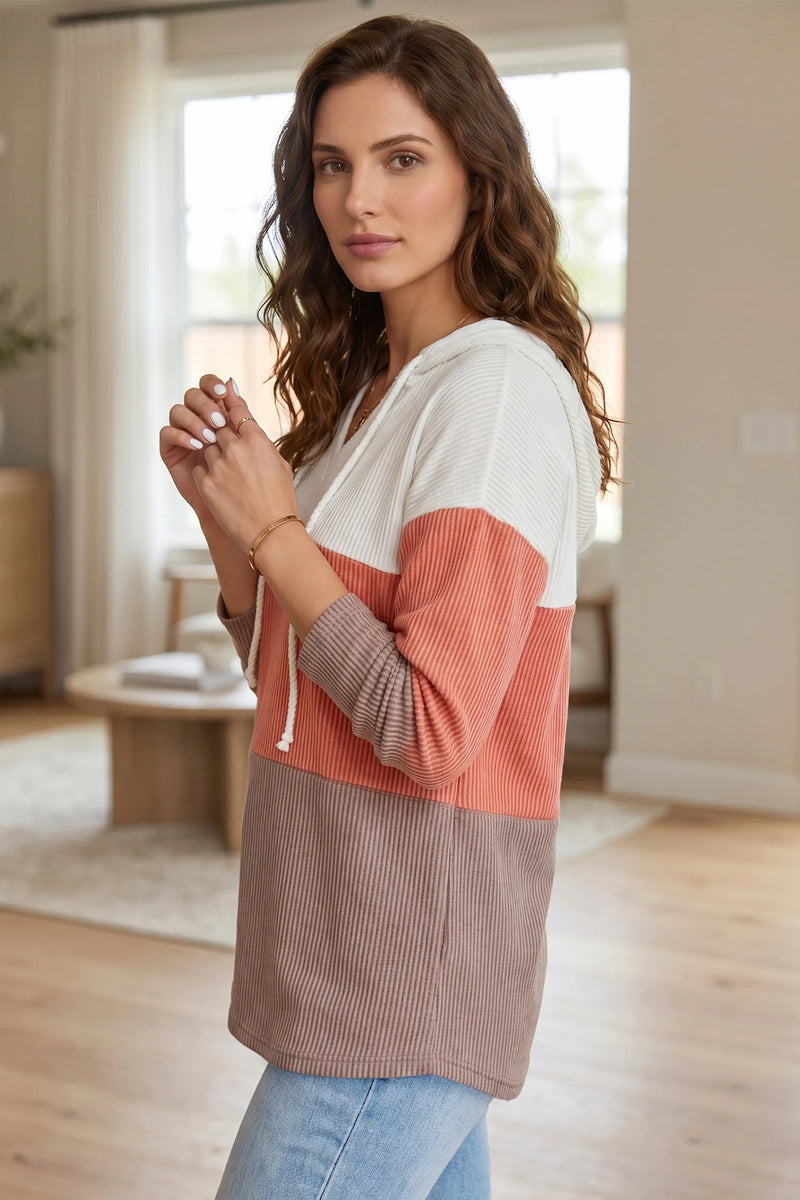 Load image into Gallery viewer, DLLS717 - Ladies Gold Flame Ribbed Colorblock Hooded Pullover Long Sleeve Top
