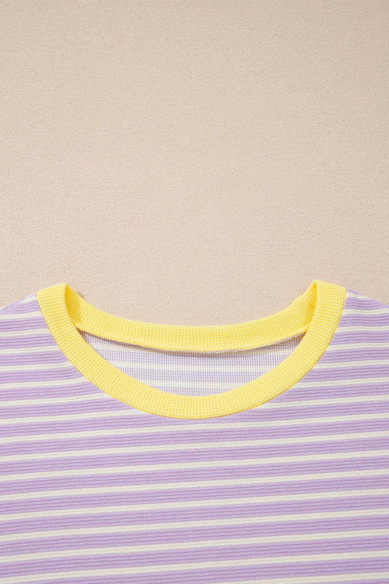 Load image into Gallery viewer, DLLS699 - Ladies Purple Striped Colorblock Paneling Collar Cuff Hem Texture T-Shirt
