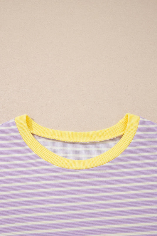 DLLS699 - Ladies Purple Striped Colorblock Paneling Collar Cuff Hem Texture T-Shirt