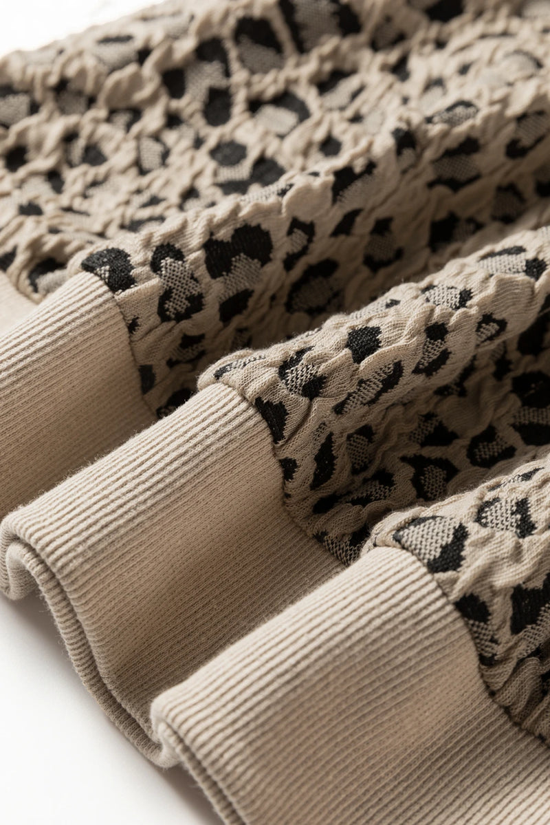 Load image into Gallery viewer, DLLS301 - Ladies Khaki Ribbed Trim Leopard Print Long Sleeve Top
