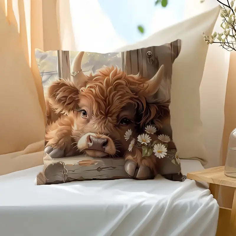 Load image into Gallery viewer, TMPL133 - 2 Piece Set - 18&quot; x 18&quot; Highland Cow &amp; Daisies Throw Pillows
