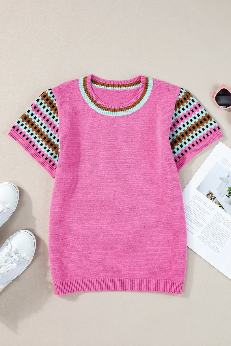 Load image into Gallery viewer, DLLS561 - Ladies Bright Pink Contrast Printed Cap Sleeves Crewneck Sweater
