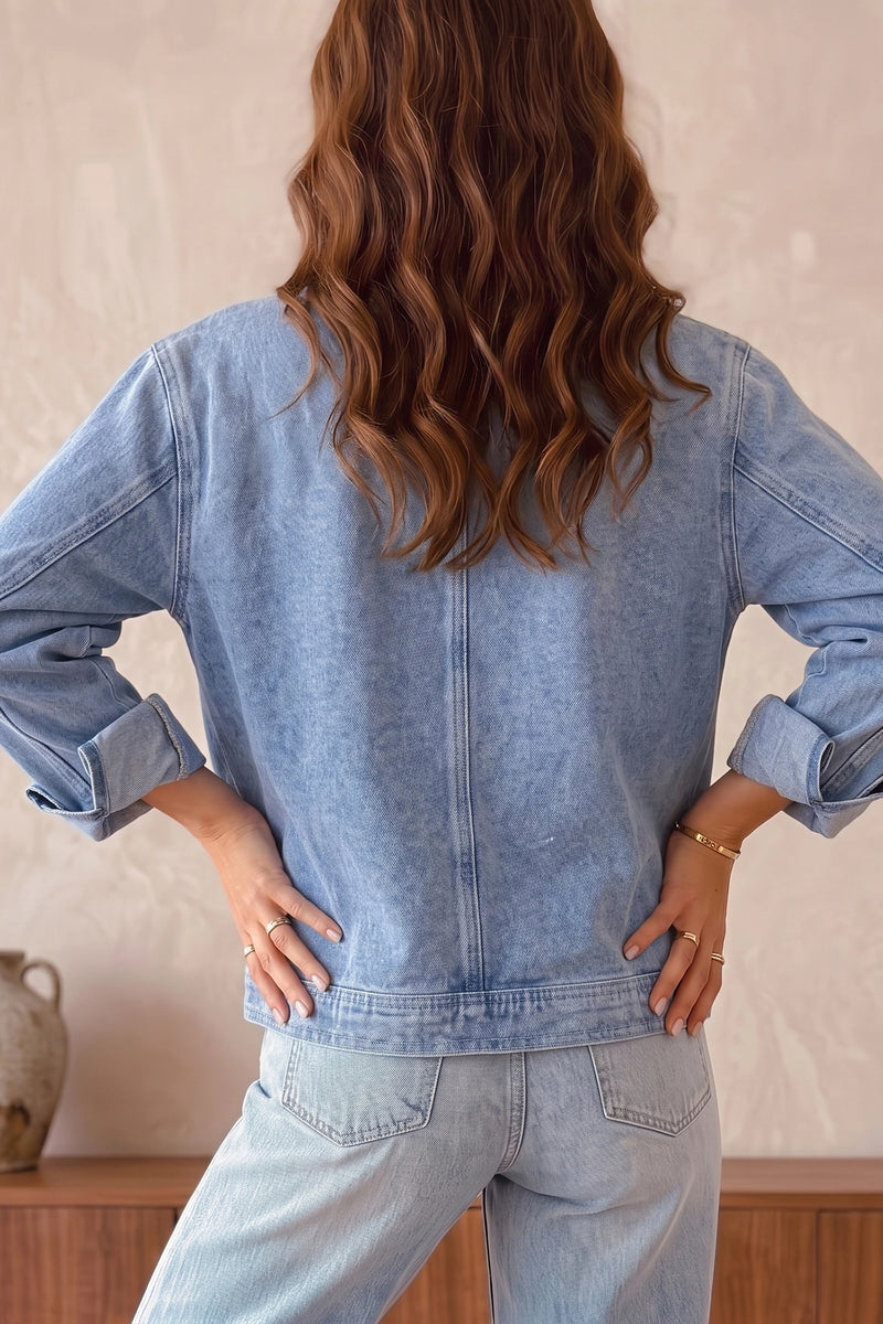 Load image into Gallery viewer, DLLS794 - Ladies Beau Blue Studded Zipper Rivet Pockets Long Sleeve Denim Jacket
