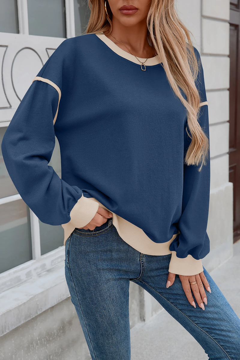Load image into Gallery viewer, DLLS1125 - Ladies Navy Blue Colorblock Drop Shoulder Pullover Sweatshirt

