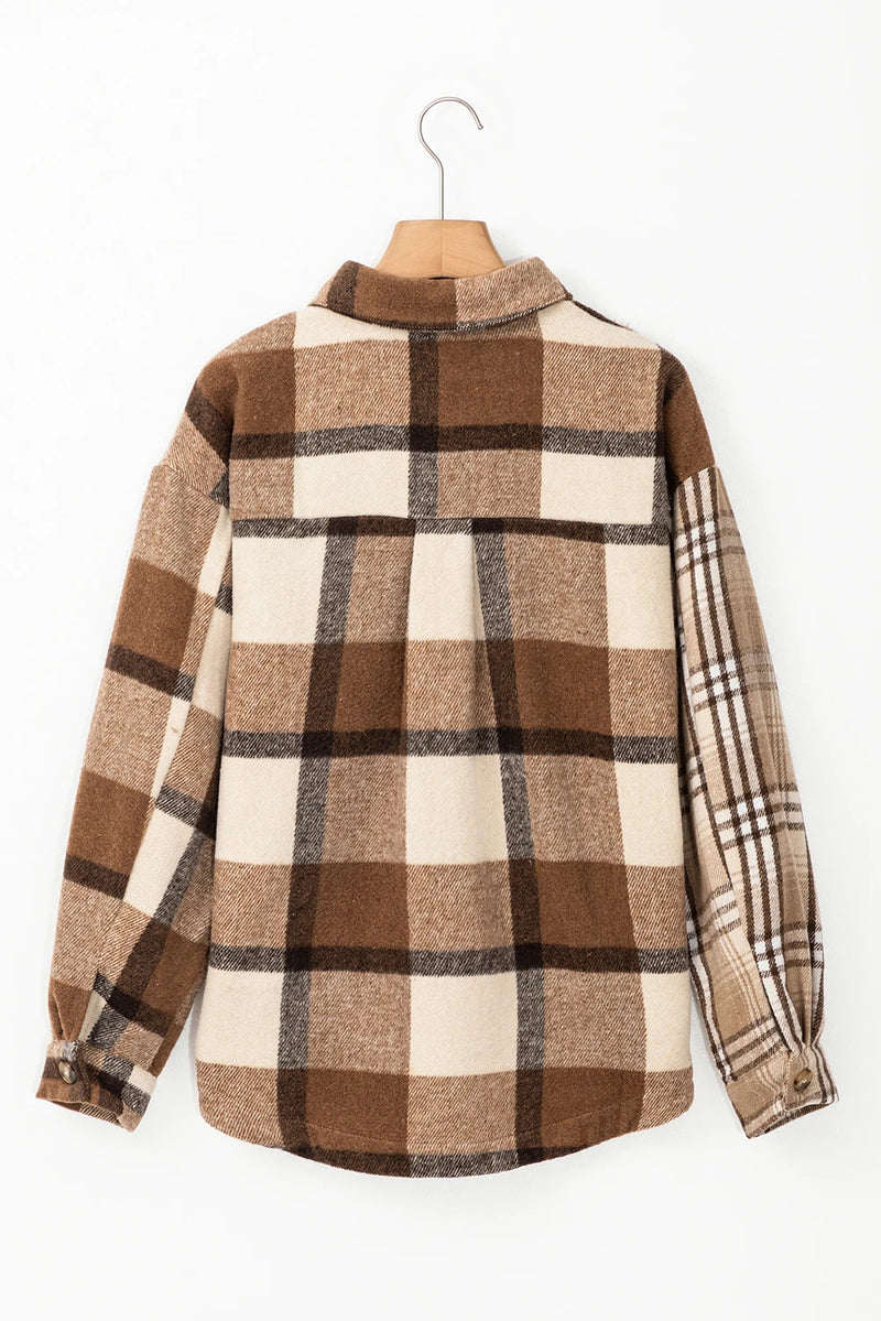 Load image into Gallery viewer, DLLS909 - Ladies Light French Beige Flannel Plaid Double Flap Pocket Shacket
