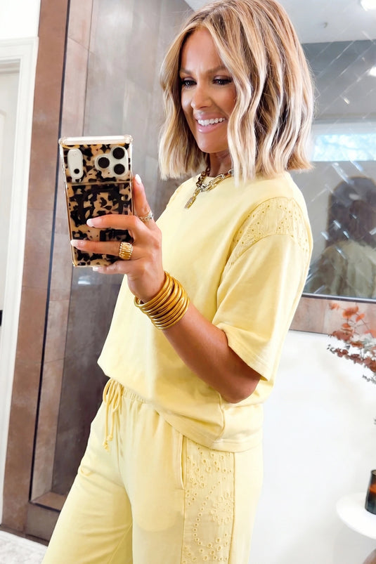 DLLS572 - Ladies Yellow Lace Patchwork Half Sleeve Top And Pants Two Piece Set