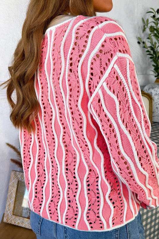 DLLS657 - Ladies Pink Casual Loose Fit Long Sleeve Round Neck Knit Sweater Pullover