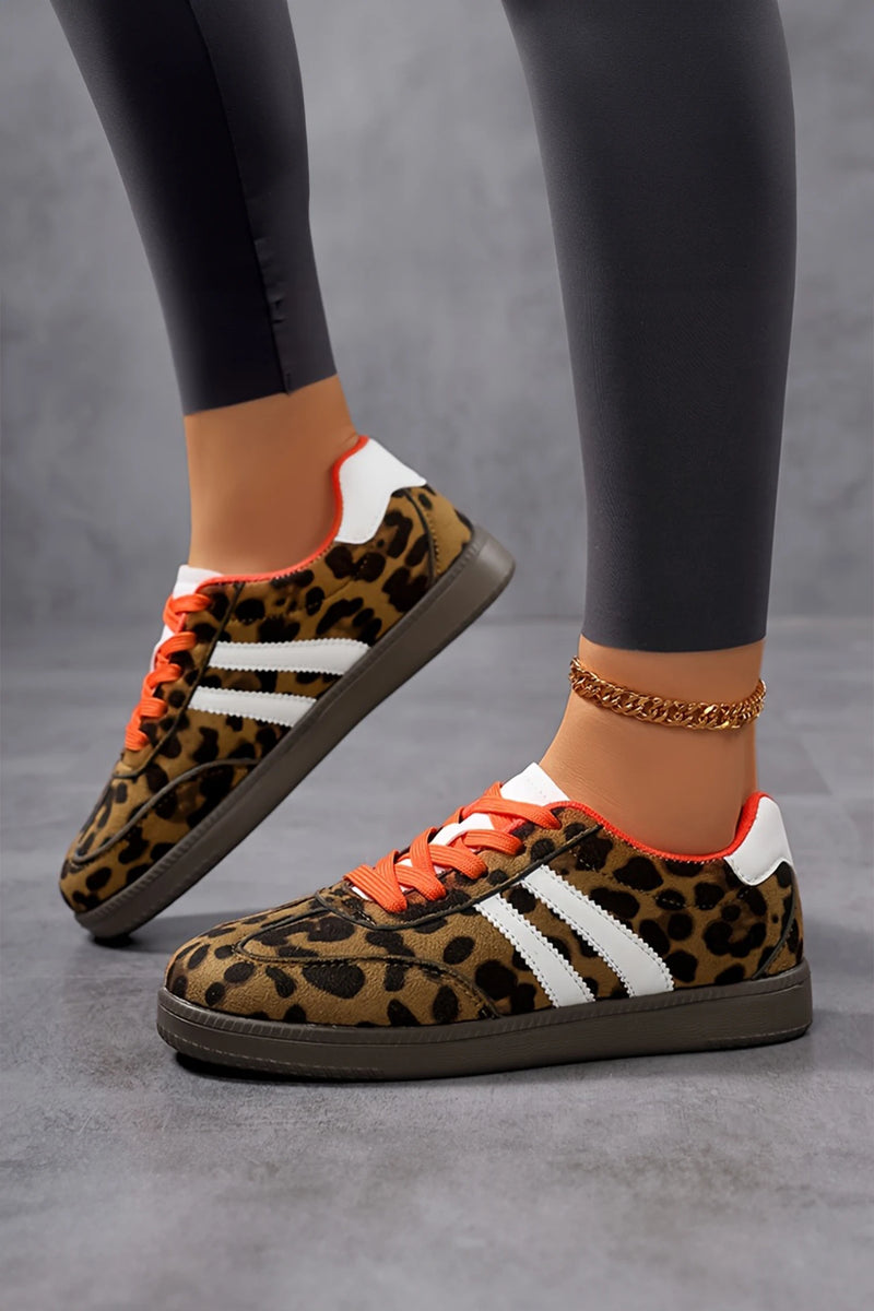 Load image into Gallery viewer, DLLSHOE 50 - Coffee Leopard Faux Suede Color Block Detail Lace-Up Sneakers
