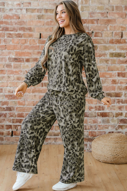 DLLS1018 - Ladies Gray Leopard Print Seam Patchwork Pullover Drawstring Loose Pant Set