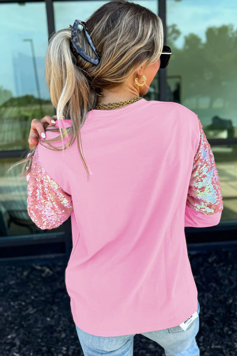 Load image into Gallery viewer, DLLS820 - Ladies Pink Long Sleeve Sequin Round Neck Pullover Top
