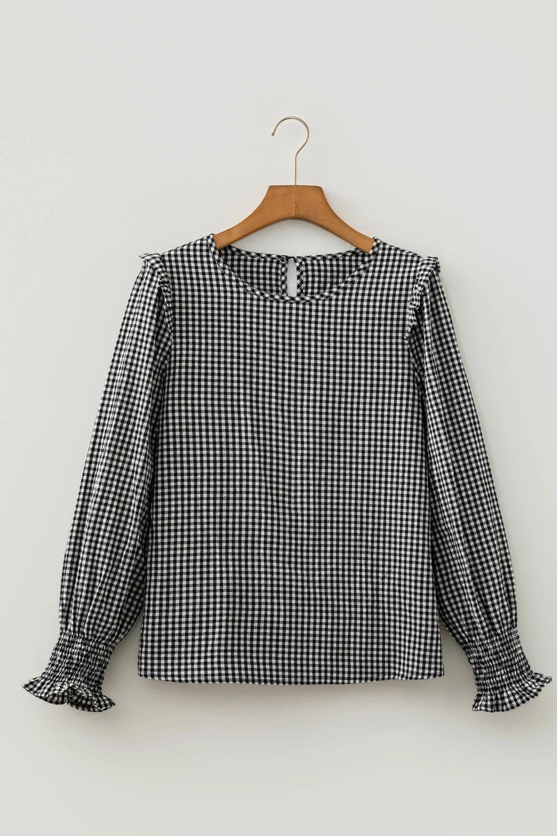 Load image into Gallery viewer, DLLS818 - Ladies Black Plaid Shirred Cuff Long Sleeve Round Neck Blouse
