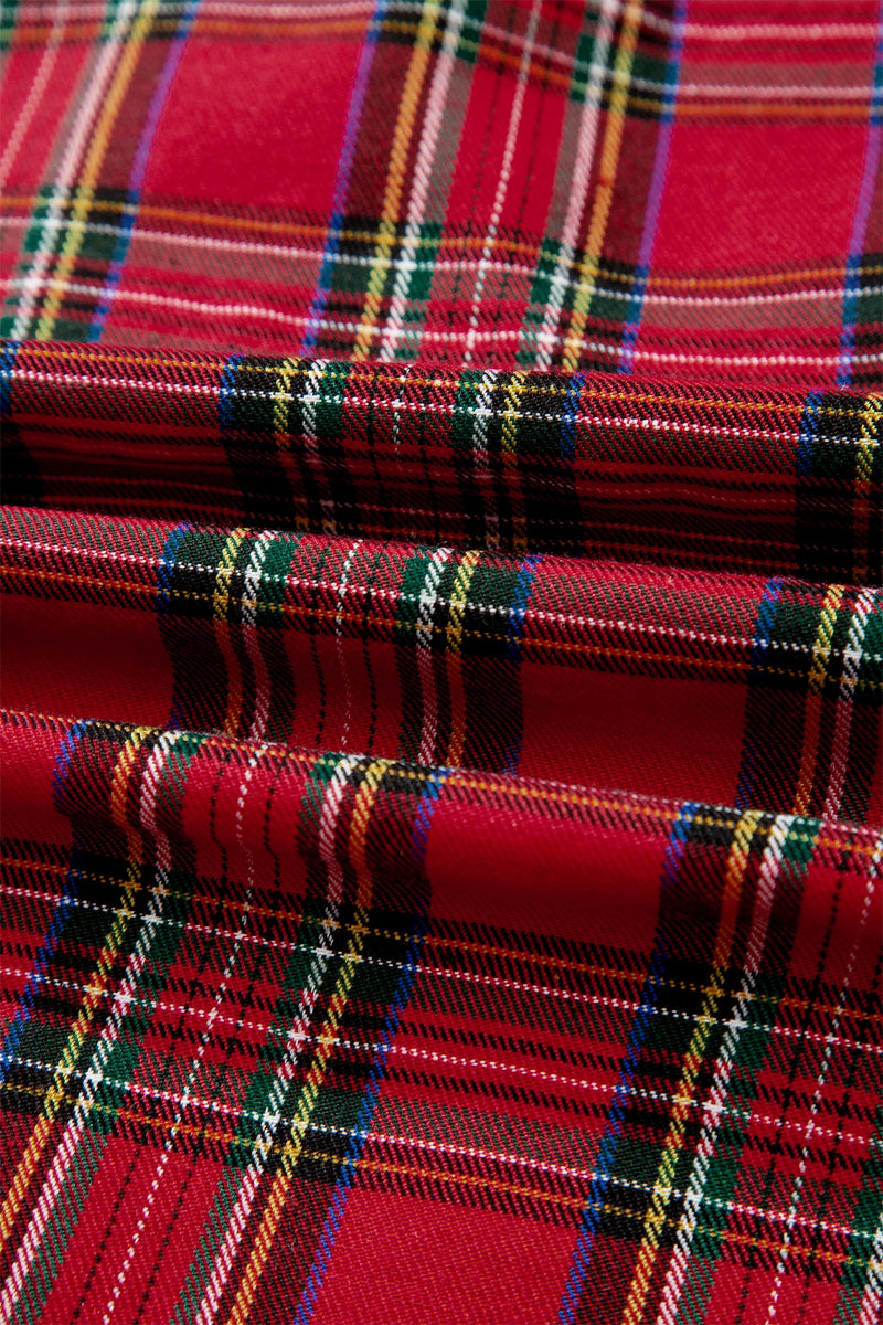Load image into Gallery viewer, DLLS856 - Ladies Red Plaid V Neck Ruffle Color Block Trim Short Sleeve Shirt
