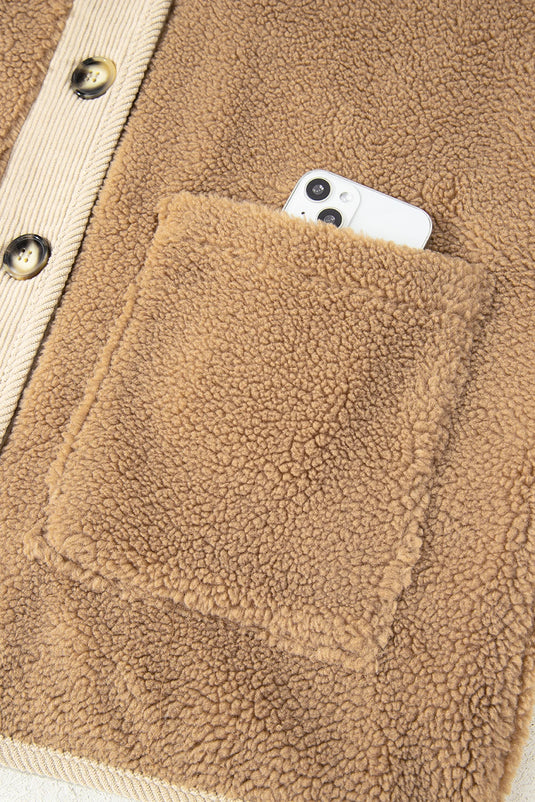 DLLS199 - Ladies Light French Beige Puffy Plush Corduroy Edge Patchwork Jacket with Big Pockets