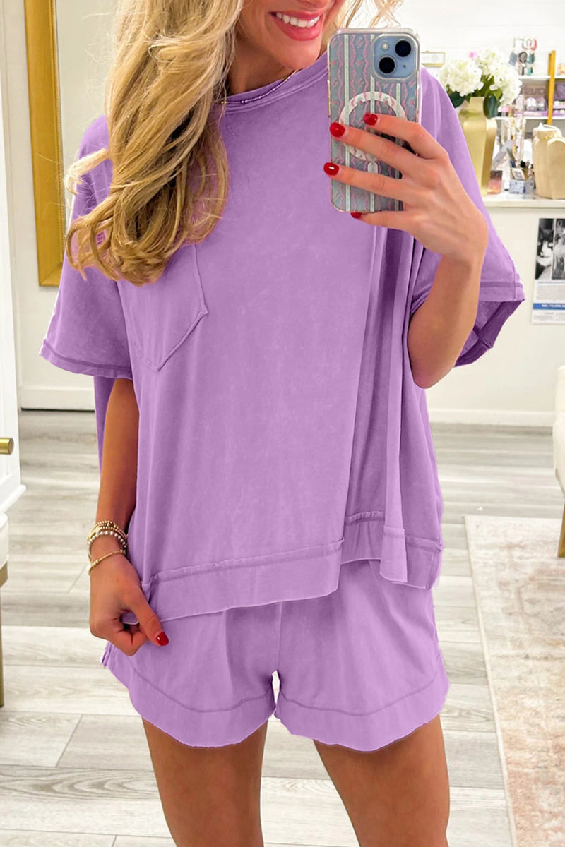 Load image into Gallery viewer, DLLS646 - Ladies Orchid Bouquet Raw Edge Patch Pocket Oversized Top and Shorts Set
