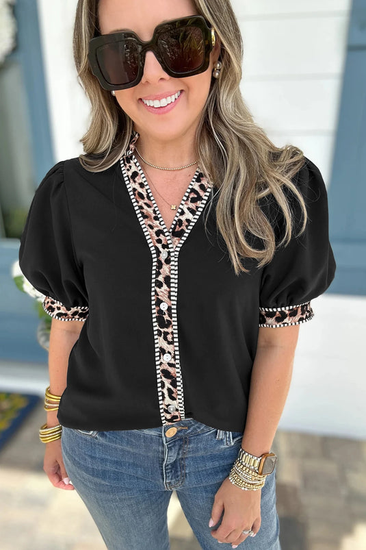 DLLS461 - Ladies Black V Neck Short Puff Sleeve Leopard Trim Button Down Shirt