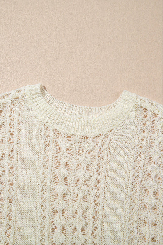 DLLS446 - Ladies White Hollow Out Knit Bracelet Sleeve Drop Shoulder Sweater