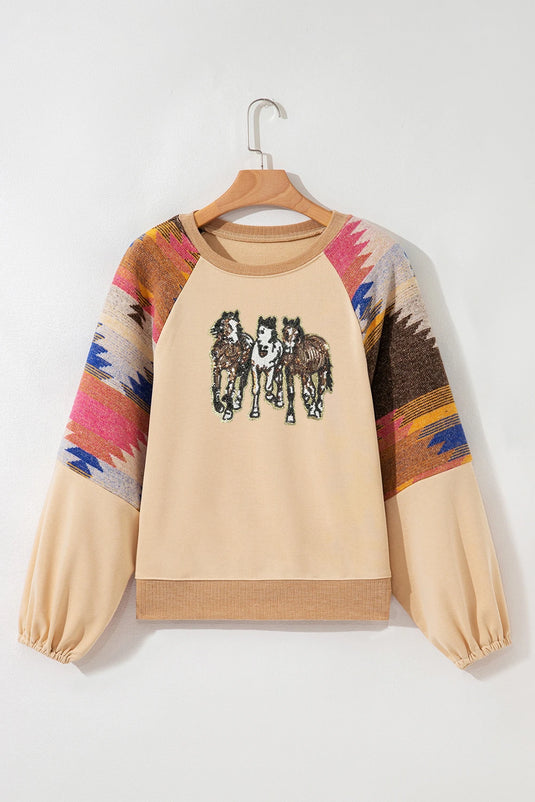 DLLS751 - Ladies Light Beige Western Horses Aztec Sleeve Western Fashion Sweatshirt