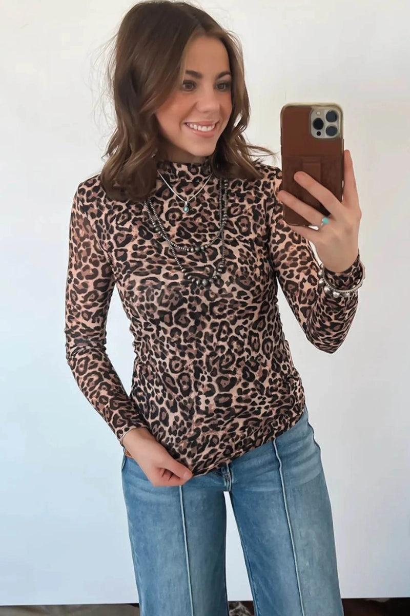 Load image into Gallery viewer, DLLS768 - Ladies Khaki Leopard High Neck Long Sleeve Western Slim Top
