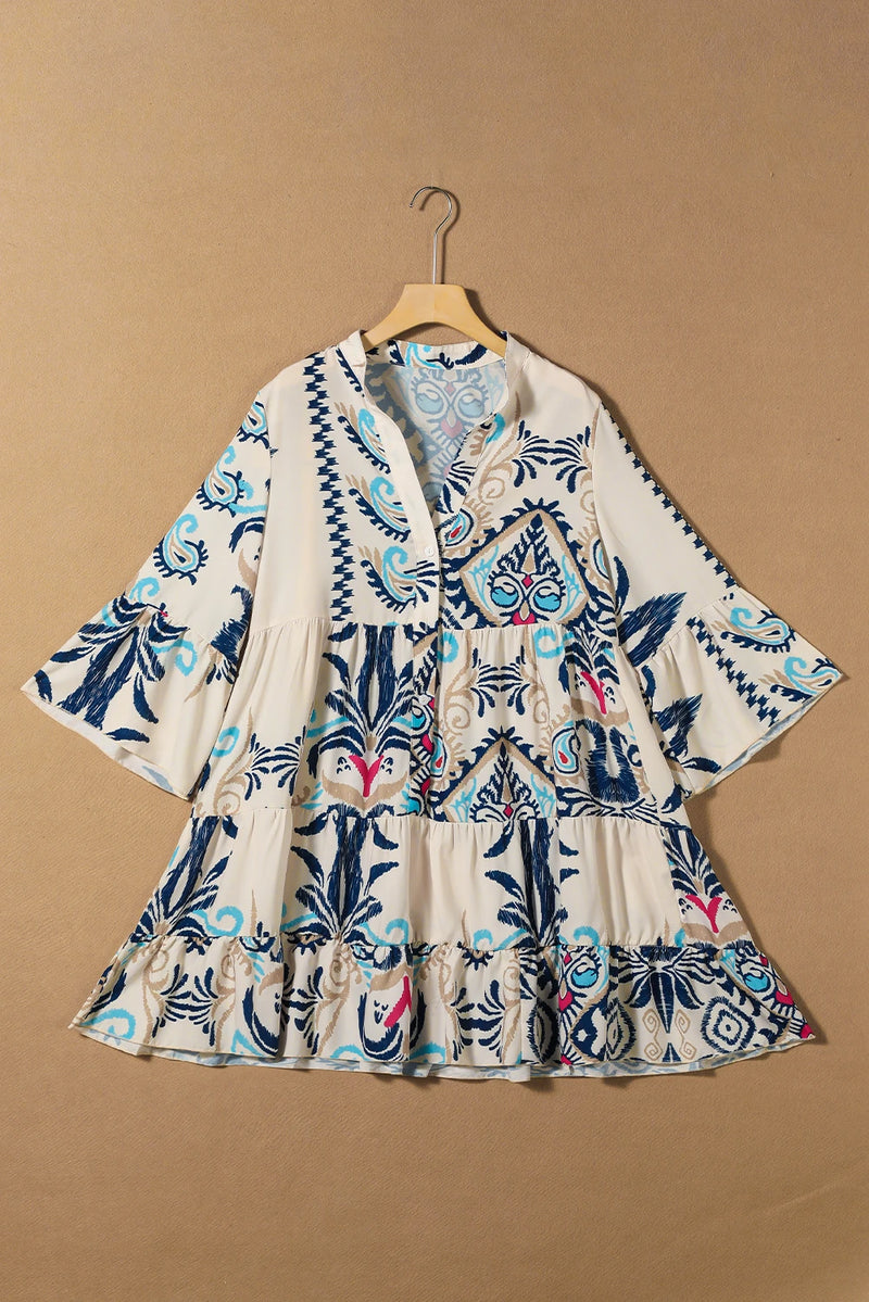 Load image into Gallery viewer, DLLS447 - Ladies White Printed Tribal Bracelet Sleeve Buttoned Mini Dress
