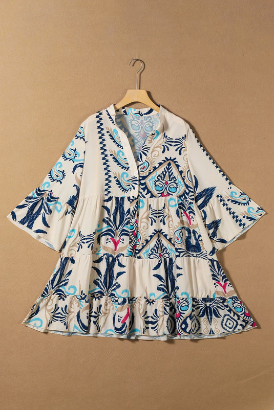 DLLS447 - Ladies White Printed Tribal Bracelet Sleeve Buttoned Mini Dress