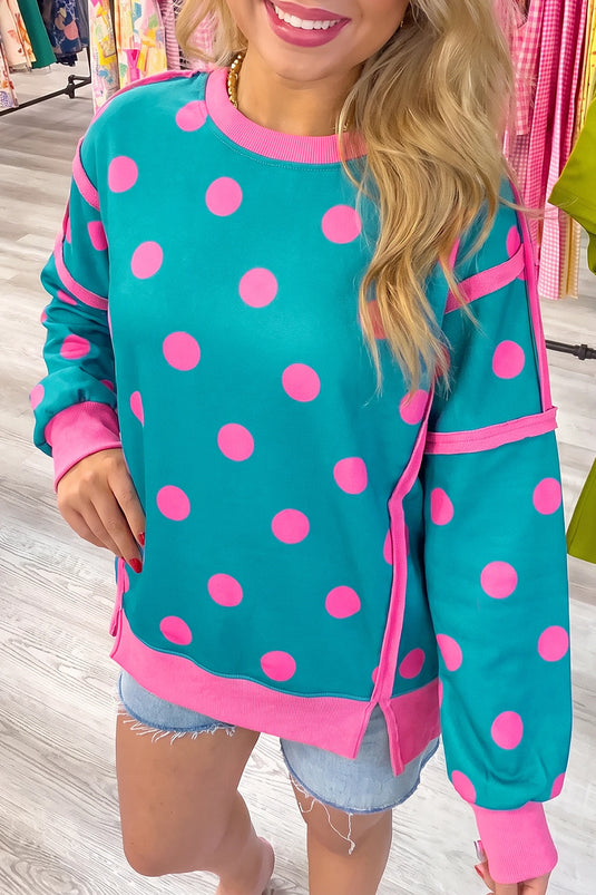 DLLS1056 - Ladies Blue Polka Dot Contrast Patchwork Round Neck Baggy Sweatshirt