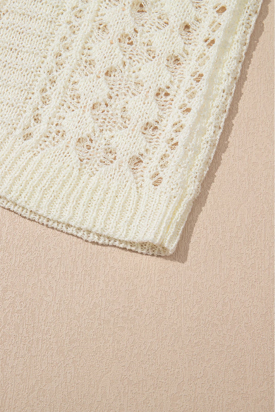 DLLS446 - Ladies White Hollow Out Knit Bracelet Sleeve Drop Shoulder Sweater