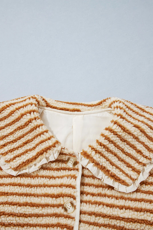 DLLS1023 - Ladies Brown Stripe Striped Fleece Button Front Long Sleeve Regular Fit Jacket