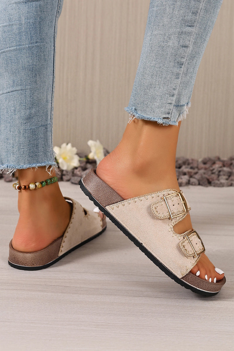 Load image into Gallery viewer, DLLSHOE 16 - Beige Embroidered Trim Retro Buckle Faux Suede Slippers
