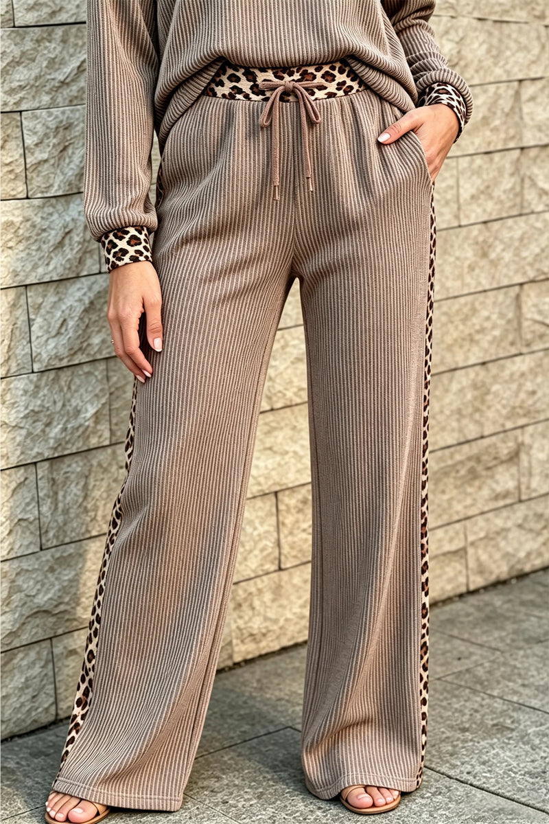 Load image into Gallery viewer, DLLS846 - Ladies Cozy Ribbed Patchwork Leopard Trim Long Sleeve 2pcs Set
