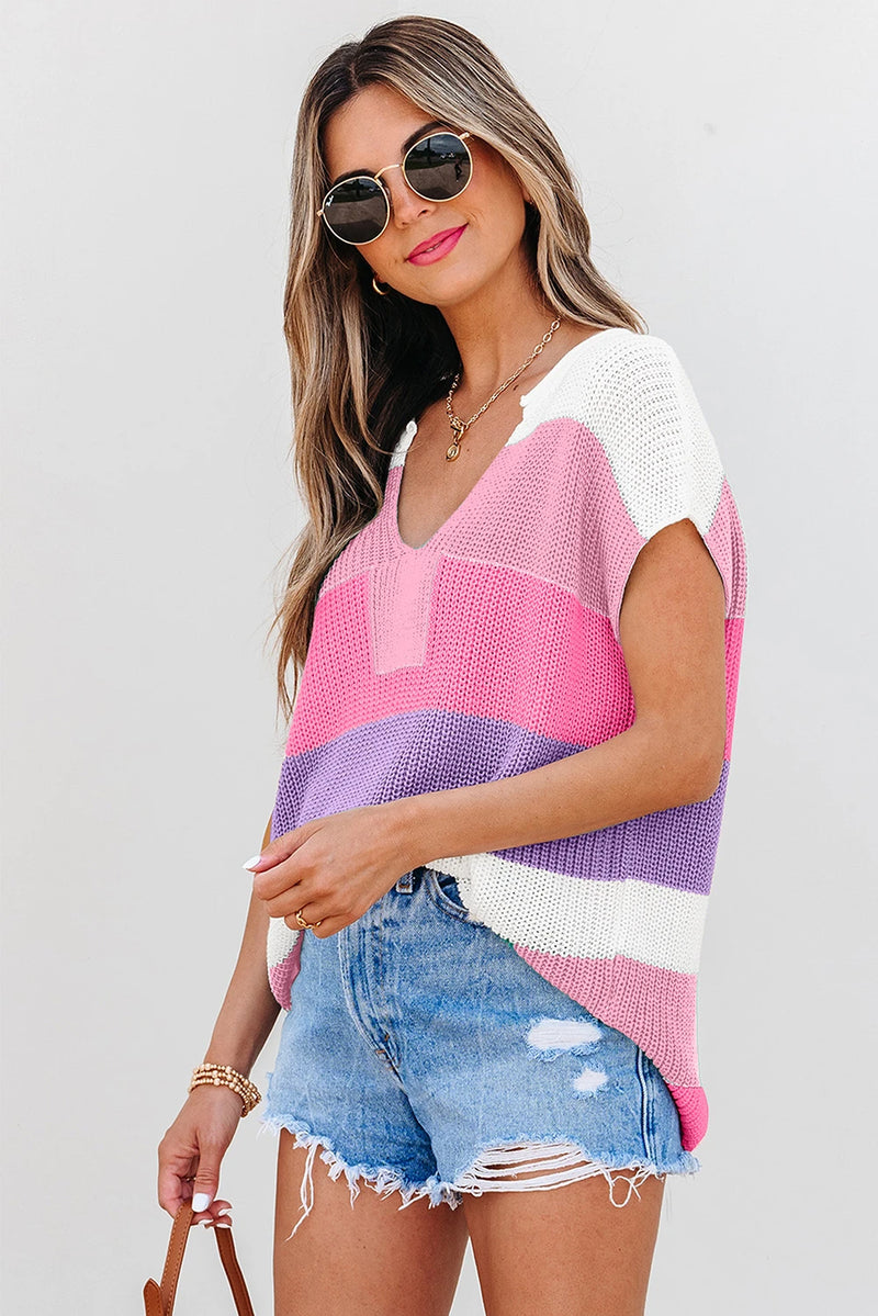 Load image into Gallery viewer, DLLS457 - Ladies Pink Color Block Notch V Neck Sweater T-Shirt
