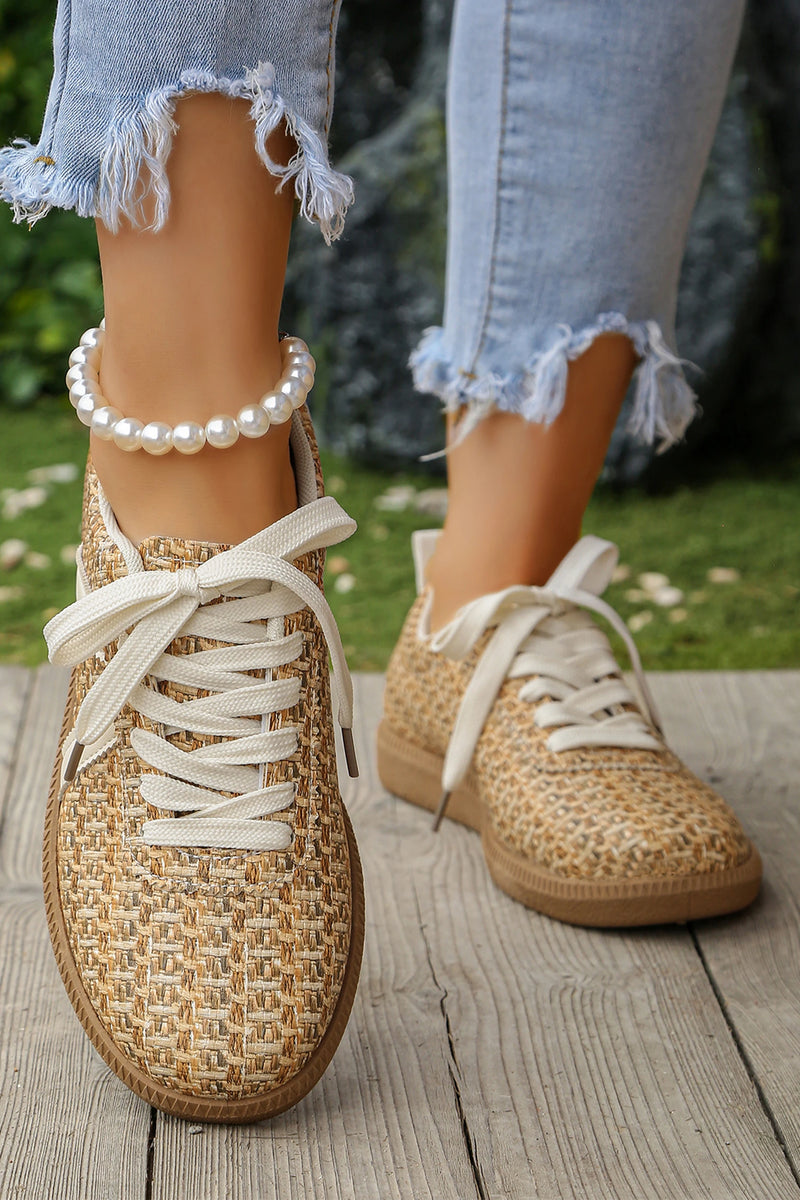 Load image into Gallery viewer, DLLSHOE 90 - Gold Stylish Woven Lace Up Flat Shoes
