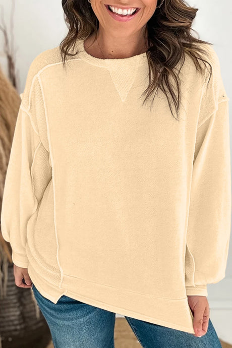 DLLS153 - Ladies Beige Splicing Round Neck Pullover Sweatshirt