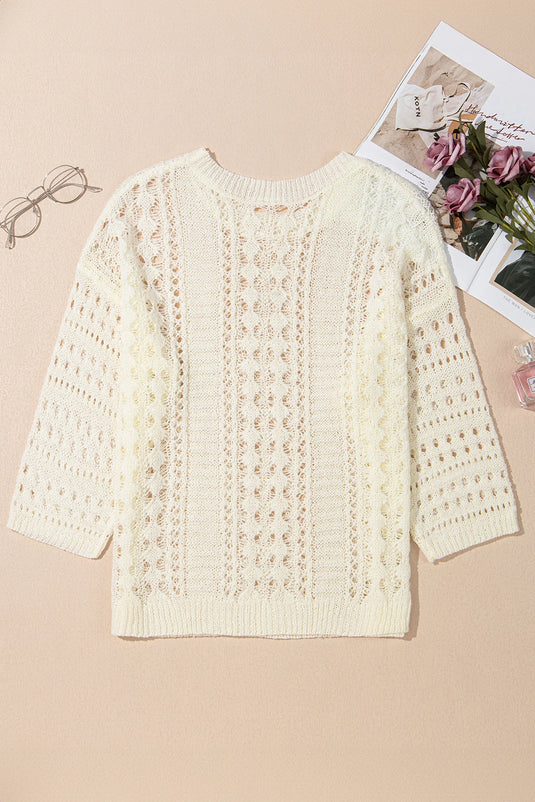 DLLS446 - Ladies White Hollow Out Knit Bracelet Sleeve Drop Shoulder Sweater