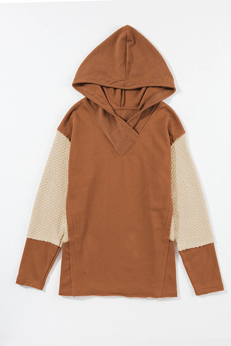 Load image into Gallery viewer, DLLS902 - Ladies Chestnut Contrast Sleeves Patchwork Colorblock Hoodie
