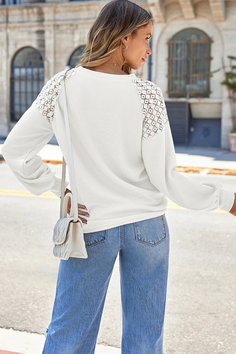 Load image into Gallery viewer, DLLS206 - Ladies White Lace Long Sleeve Textured Pullover
