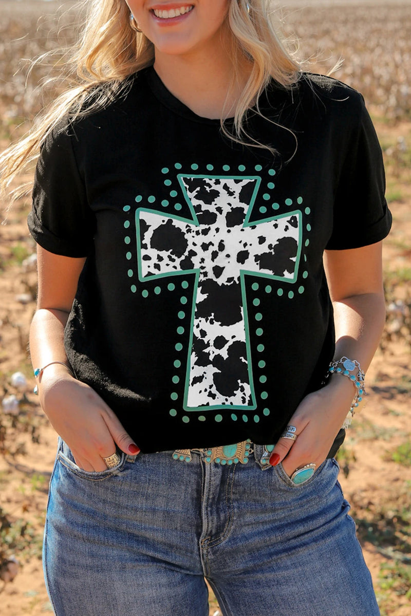 Load image into Gallery viewer, DLLS746 - Ladies Black Animal Print Cross Graphic Tee
