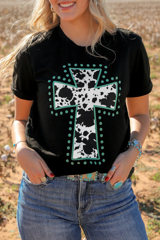 DLLS746 - Ladies Black Animal Print Cross Graphic Tee