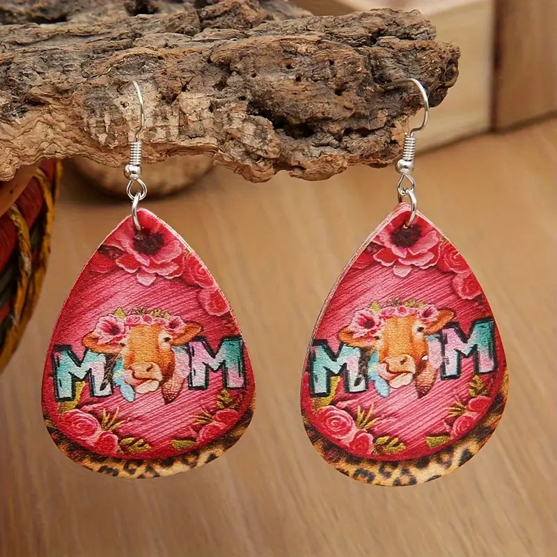 Load image into Gallery viewer, TMER53 - Cow Head &quot;Mom&quot; PU Leather Earrings

